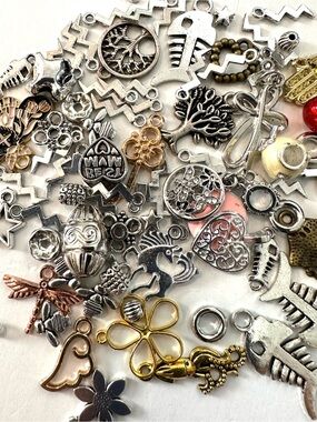 75 Piece Vintage Mixed Metal Craft/Jewelry Charms Lot - Silver, Gold, Rose Gold